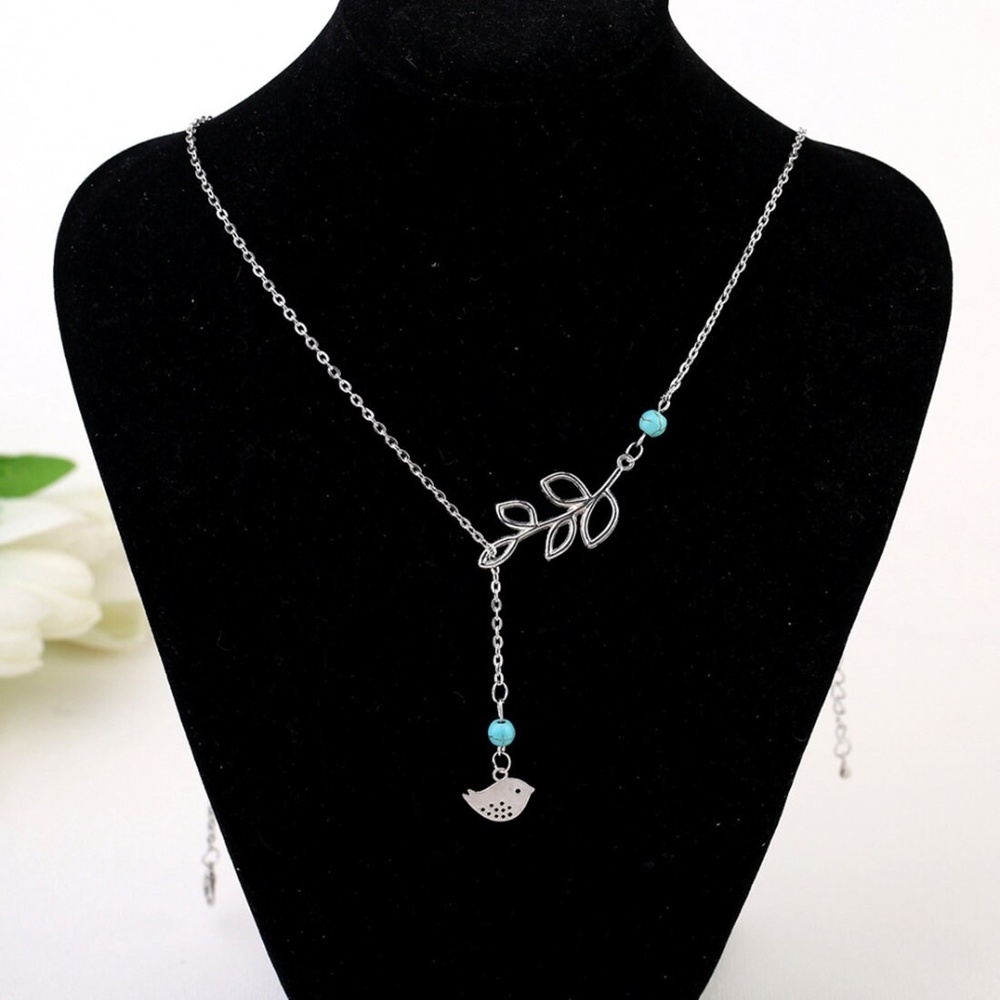 Simple leaf Turquoise necklace Bird Lariat rosary necklace